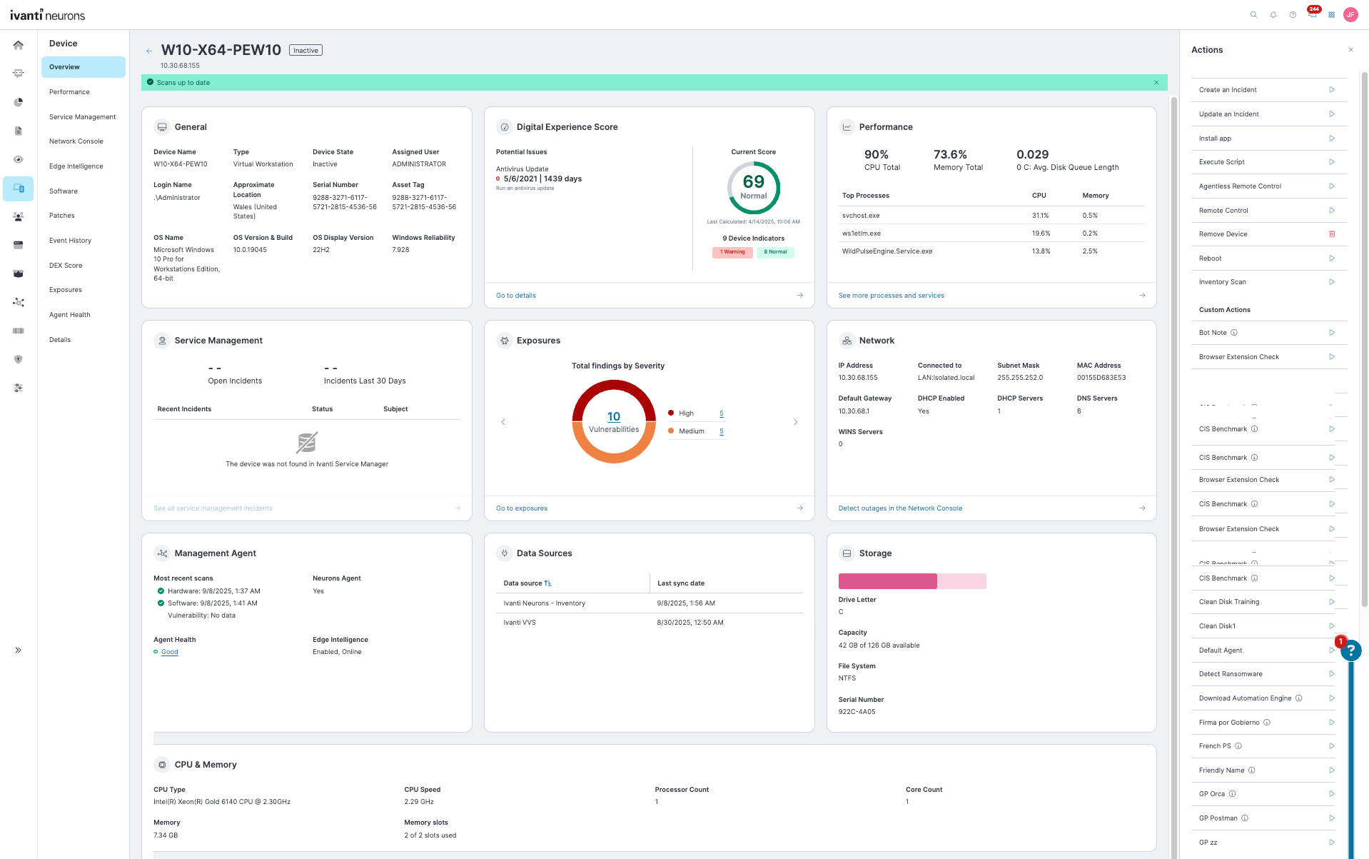 Main workspace showing Ivanti Neurons device overview for “W10-X64-PEW10,” with a left navigation menu and central dashboard panels displaying general device details, digital experience score (69, normal), performance metrics (CPU, memory, top processes), service management status, vulnerability exposures (10 total), network information, agent health, data sources, storage usage, and CPU/memory specs, alongside a right-side actions panel with options like remote control, reboot, and install app.