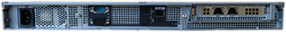 The rear view of a rack-mounted server shows various ports, including power input, network ports, and ventilation panels. There are also additional connectors and cooling vents for server operations.