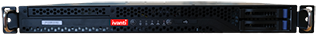 A front view of a rack-mounted server with a black panel, ventilation holes, indicator lights, and two visible drive bays with blue release tabs. The server is used for data storage and network applications.