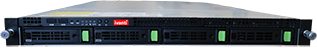 A front view of a rack-mounted server with four drive bays featuring green release tabs, buttons, and indicator lights. The server is designed for data storage and network applications.