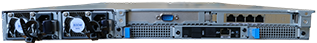 The rear view of a rack-mounted server features multiple cooling fans, power supply units, network ports, a VGA connector, and additional slots for expansion or connectivity. The server is designed for efficient cooling and network performance.