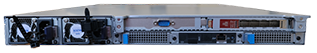 The rear view of a rack-mounted server features cooling fans, power supply units, a VGA connector, various network ports, and expansion slots. The server is designed for efficient cooling and connectivity.