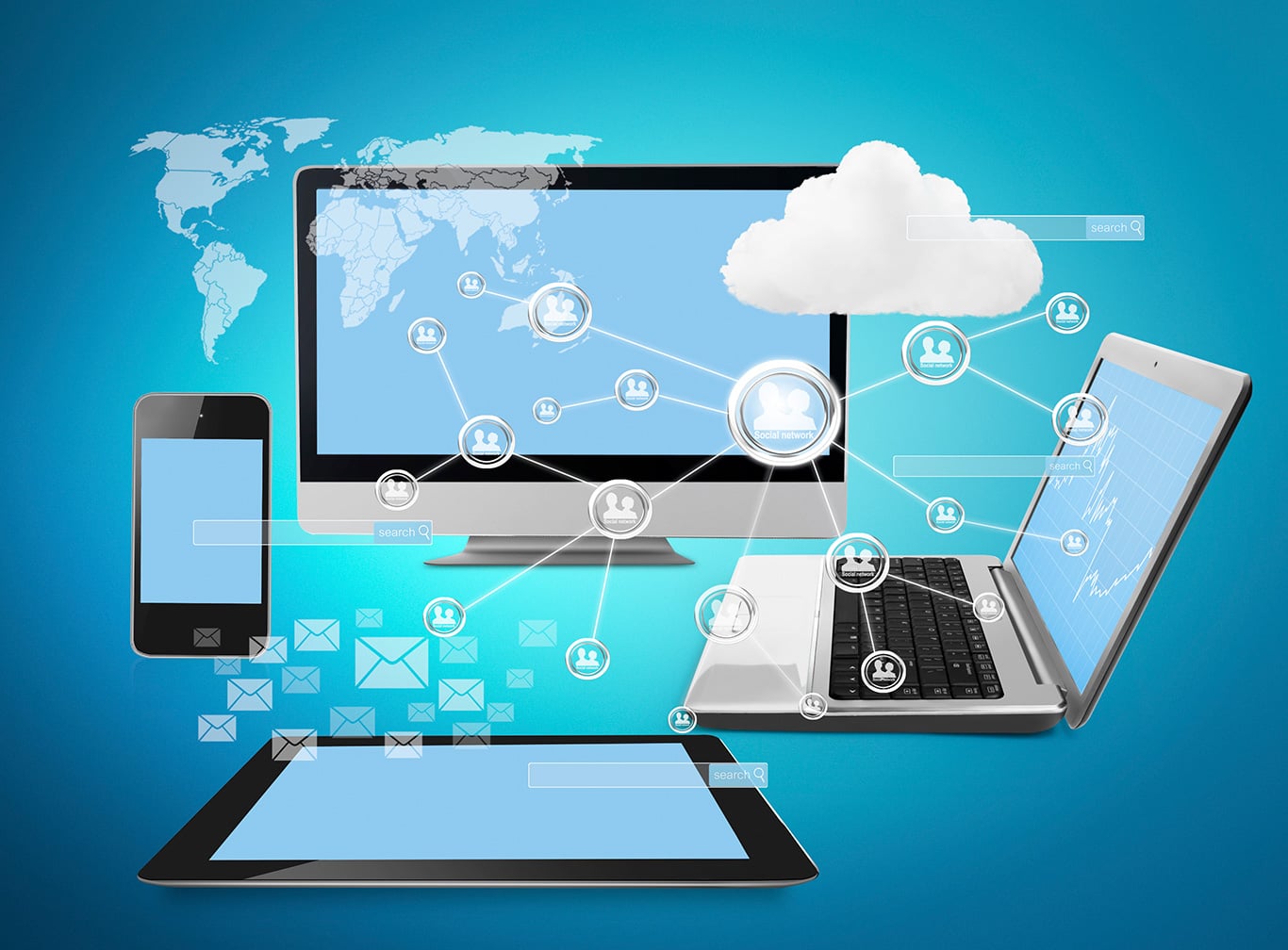 image of multiple tracked devices floating in mid-air with connected icons and a cloud hovering above them
