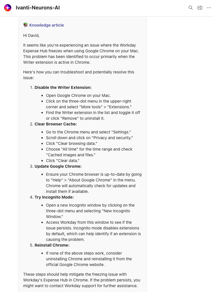 A screenshot from the ITSM-AIVA-PILOT interface displays a knowledge article response to a user named David about Google Chrome freezing when using the Expense Hub on a Mac. The article identifies the issue as common, especially with the Writer extension enabled. It provides troubleshooting steps: disabling the Writer extension, clearing browser cache and cookies, updating Google Chrome, and restarting the Mac. Additional suggestions include using a different browser if the issue persists. The article lists relevant internal resources and asks the user if the information resolved their issue, with options to select "Yes" or "No."