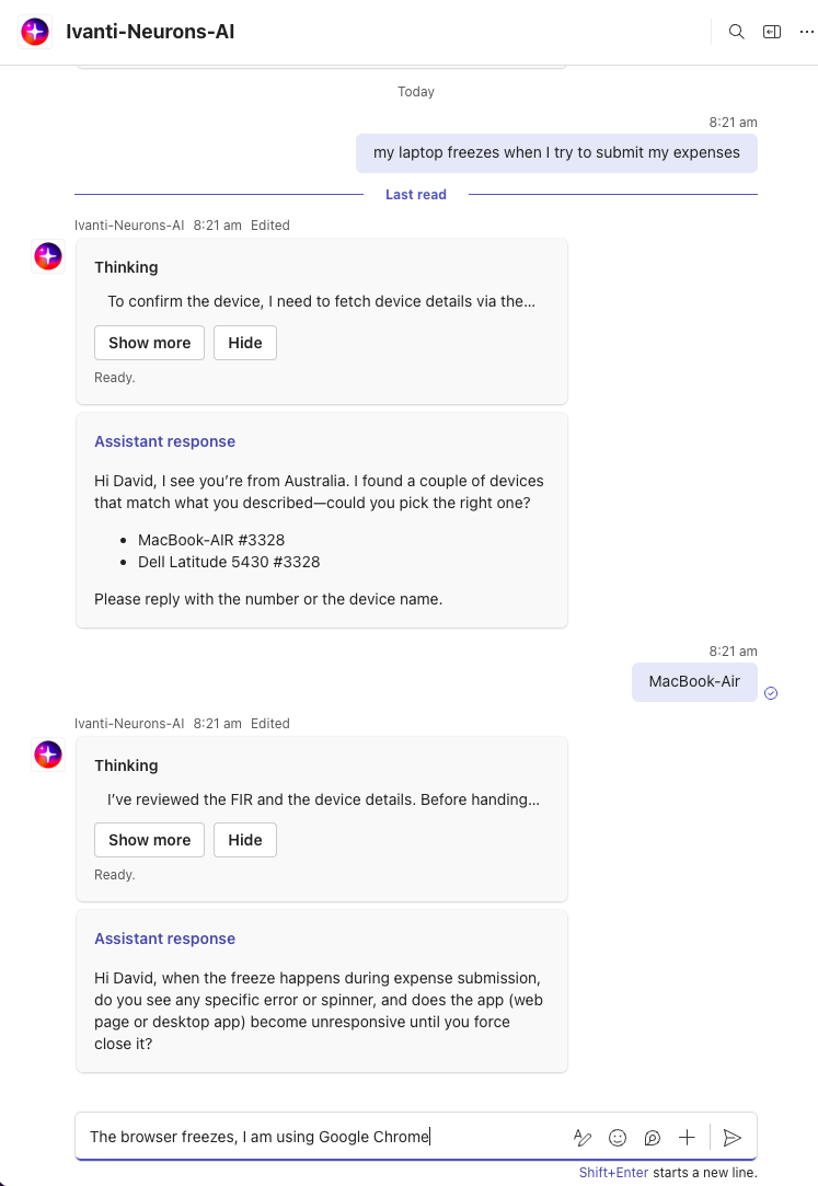 A screenshot of a chat conversation in an IT support interface called ITSM-AIVA-PILOT. The user reports that their laptop freezes when they try to submit expenses. The assistant asks the user to confirm their device (choice between MacBook-AIR or Dell Latitude), then follows up with questions about the nature of the freeze and which browser is being used. The user confirms they are using a MacBook-AIR and Google Chrome, and the assistant continues troubleshooting by inquiring if the freeze only happens on the expense submission page and if it is consistent or intermittent.