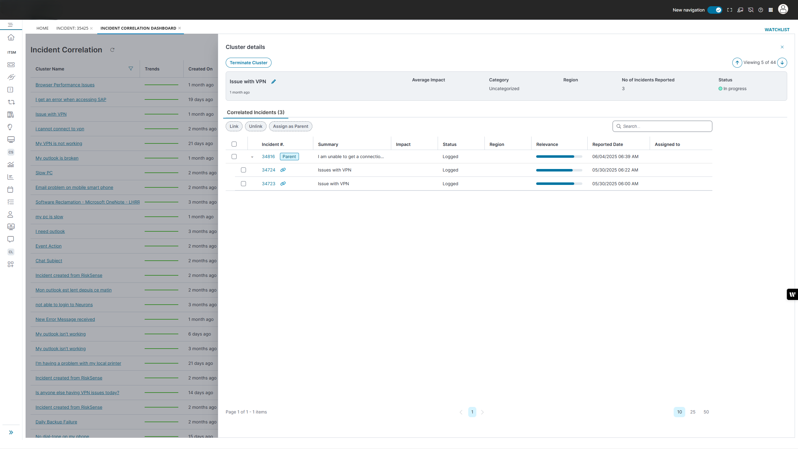 A screenshot of an IT incident correlation dashboard. The left panel lists various incident clusters by name, such as "Browser Performance Issues," "Issue with VPN," and "My outlook is broken," along with the time since creation. The main panel on the right displays details for the selected cluster "Issue with VPN," showing cluster details (status, number of incidents, impact, category, and region). Below, a table lists correlated incidents including incident numbers, summary, impact, status, region, relevance, reported dates, and assignment information. Cluster actions include "Terminate Cluster," "Link," "Unlink," and "Assign as Parent." The interface uses a clean, modern design with search and sorting features.