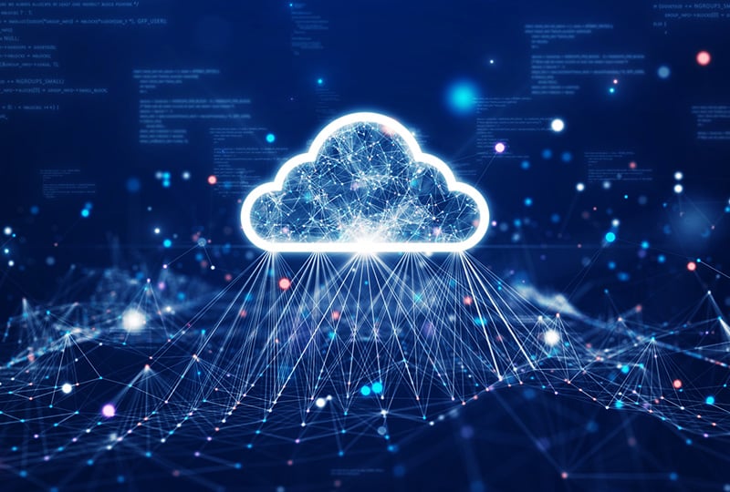 A glowing cloud icon is depicted in the center of a digital network background with interconnected nodes and lines, representing cloud computing and data transfer. The overall color scheme is blue, with abstract data and code elements in the background.