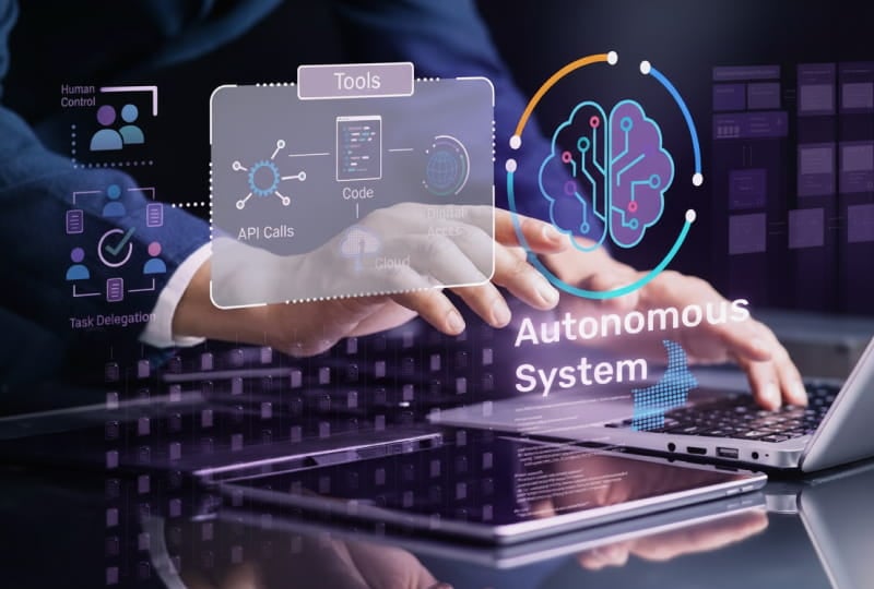 a person typing on a laptop with visble floating holographs