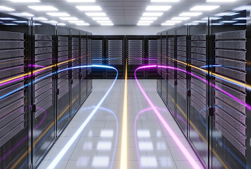 view of a server room with virtual datastreams