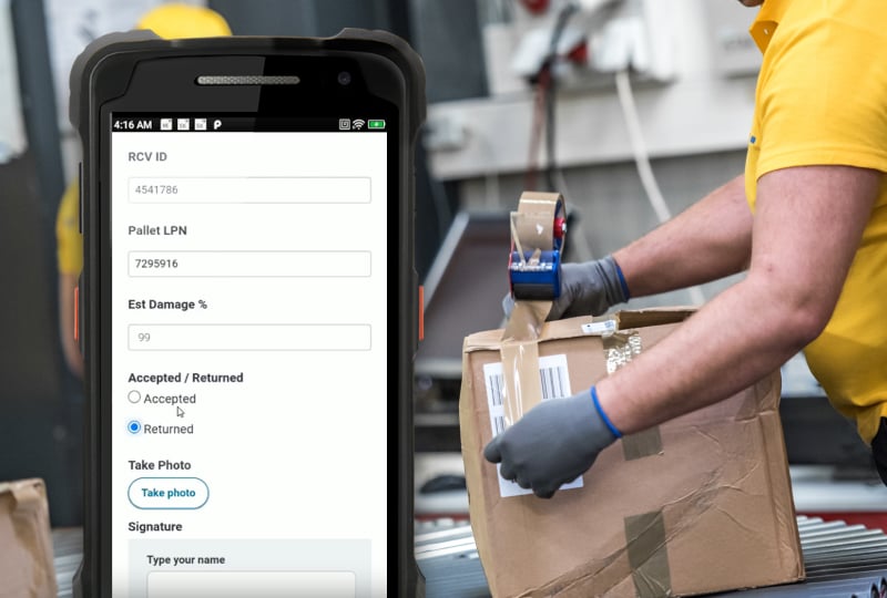 Side-by-side shot of a mobile form screenshot next to a photo of a man taping up a box in a warehouse.