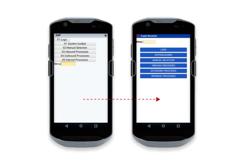 Two mobile devices with user interface screenshots on the screens.
