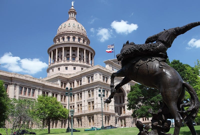 image of a state building with a statue in the foreground