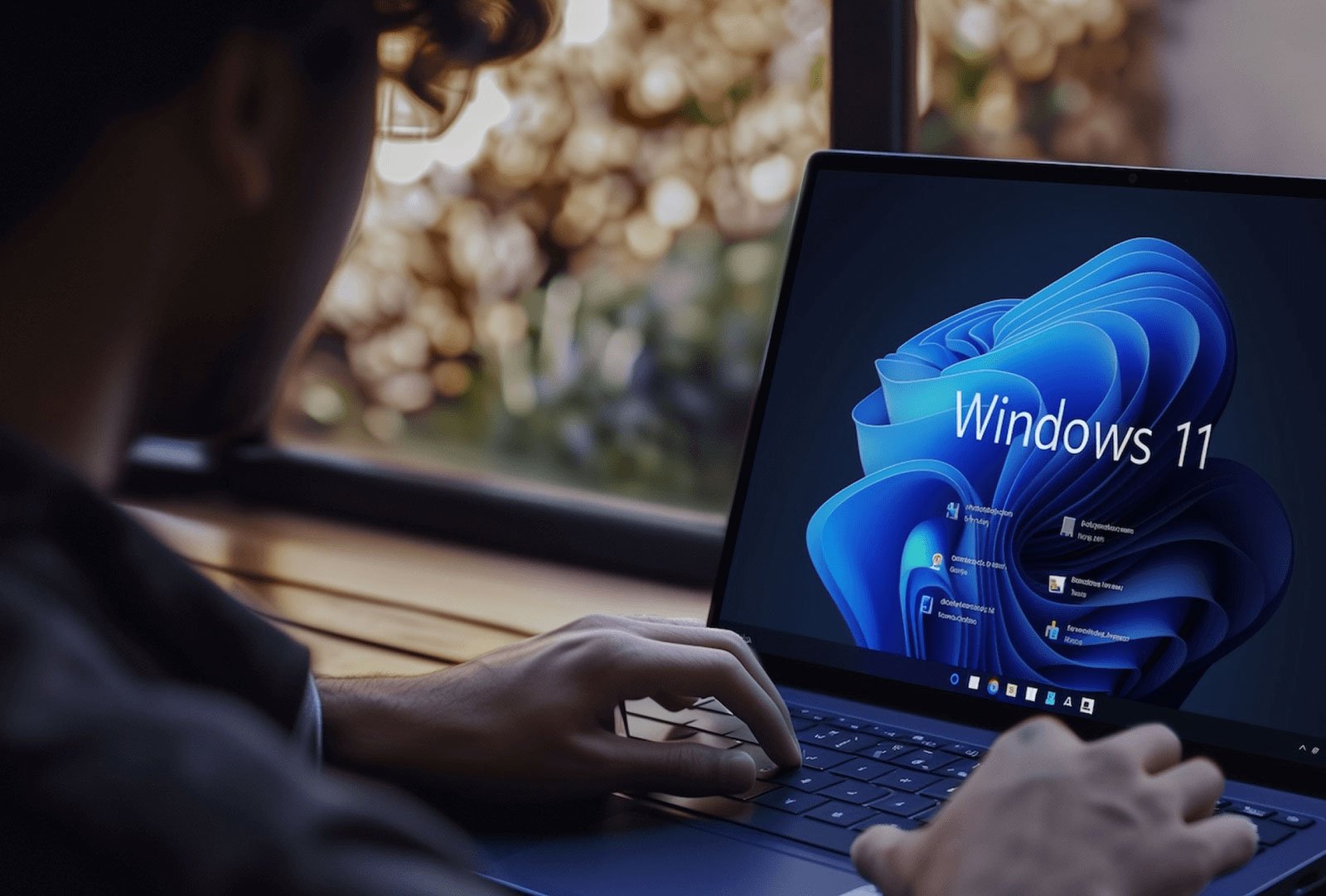 Person interacting with a Windows 11 laptop